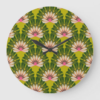 Grande Horloge Ronde Papier peint en lotus stylisé : rose, vert.