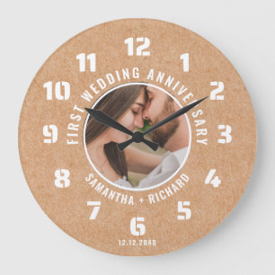 Grande Horloge Ronde Papier rustique Premier anniversaire Mariage Photo