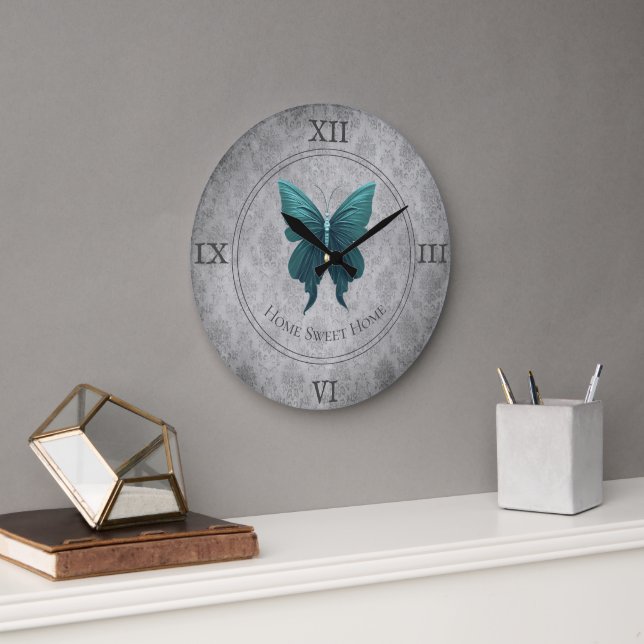 Grande Horloge Ronde Papillon à bijoux turquoise (Bureau)