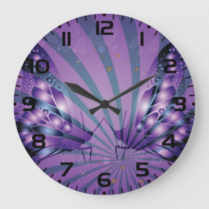 Grande Horloge Ronde Papillon Abstrait Violet avec des Ailes Radieuses