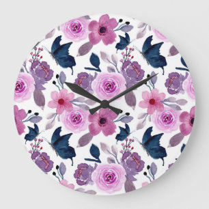 Grande Horloge Ronde Papillon aquarelle et fleurs roses
