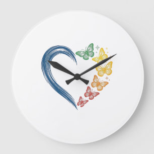 Grande Horloge Ronde Papillon arc-en-ciel cœur design de gravure vintag