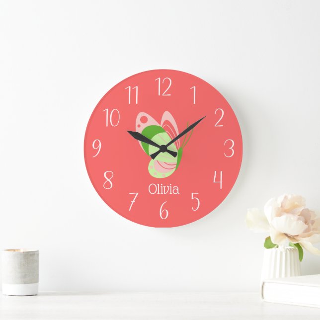 Grande Horloge Ronde Papillon blanc et rose (Maison)