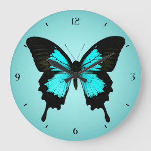 Grande Horloge Ronde Papillon - bleu et noir de turquoise