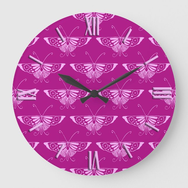 Grande Horloge Ronde Papillon déco stylisé - magenta et rose (Recto)