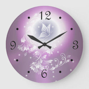 Grande Horloge Ronde Papillon floral Imaginaire pourpre