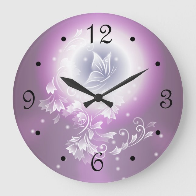 Grande Horloge Ronde Papillon floral Imaginaire pourpre (Recto)