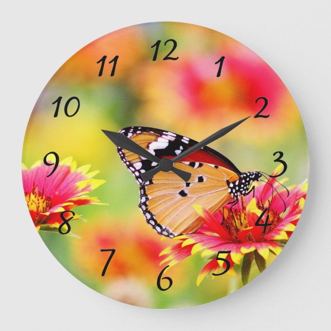 Grande Horloge Ronde Papillon monarque sur Fleur rouge et jaune (Recto)