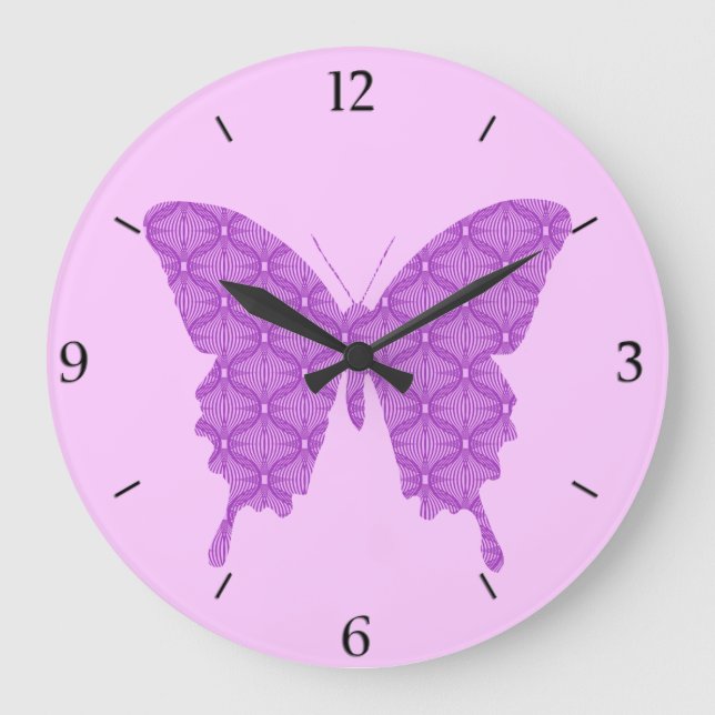 Grande Horloge Ronde Papillon, motif abstrait, lavande et violet (Recto)