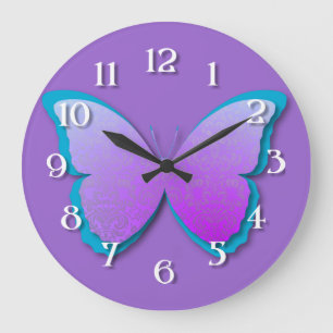 Grande Horloge Ronde Papillon pourpre et Turquoise Damas