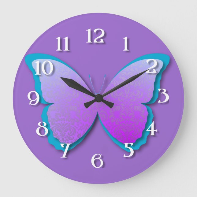 Grande Horloge Ronde Papillon pourpre et Turquoise Damas (Recto)