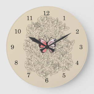 Grande Horloge Ronde Papillon Rose Et Art Rose