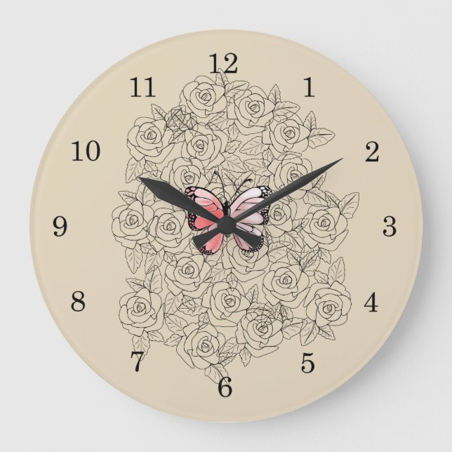 Grande Horloge Ronde Papillon Rose Et Art Rose (Recto)