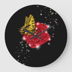 Grande Horloge Ronde Papillon sur rose rouge avec étoiles et gouttes de