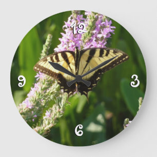 Grande Horloge Ronde Papillon Swallowtail sur Fleurs sauvages pourpres