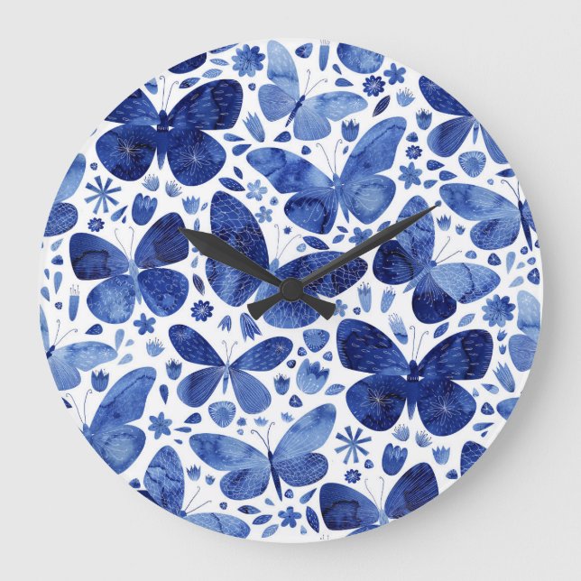 Grande Horloge Ronde Papillons Aquarelle Bleu (Recto)