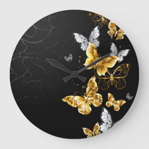 Grande Horloge Ronde Papillons blancs et dorés