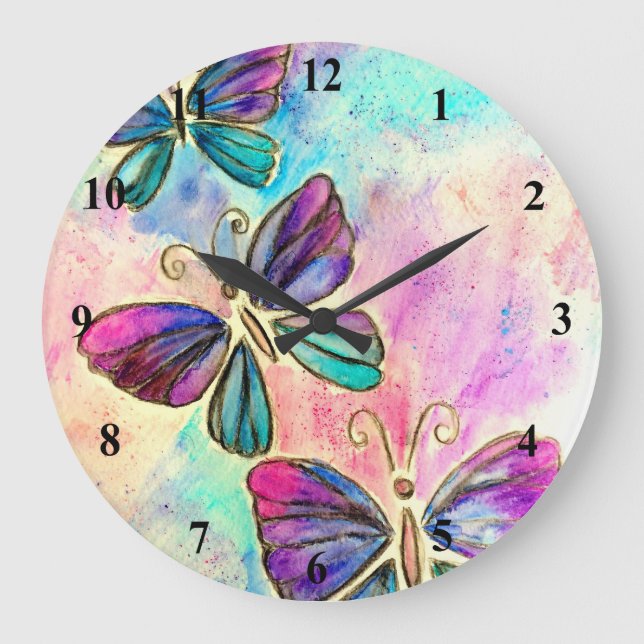 Grande Horloge Ronde Papillons colorés mignons - (Recto)