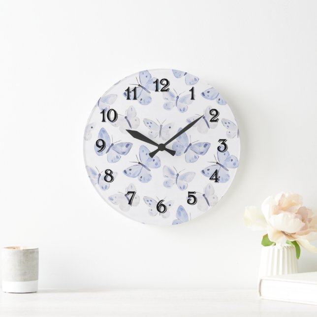Grande Horloge Ronde Papillons de lavande pourpre (Maison)