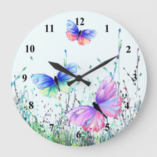 Grande Horloge Ronde Papillons de printemps volant dans la nature Horlo