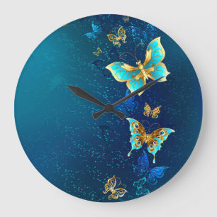 Grande Horloge Ronde Papillons d'or sur un Arrière - plan bleu
