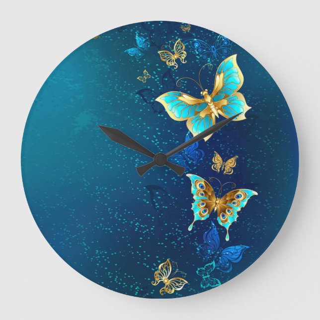 Grande Horloge Ronde Papillons d'or sur un Arrière - plan bleu (Recto)
