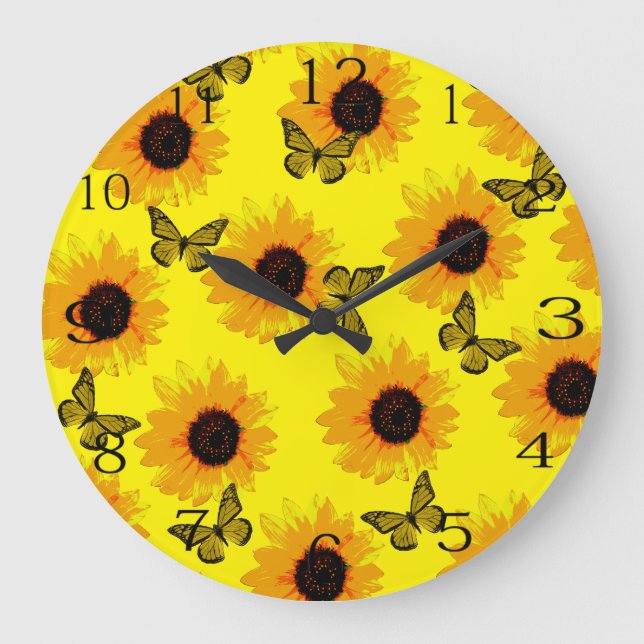 Grande Horloge Ronde Papillons Et Fleurs De Soleil Jaunes,  (Recto)