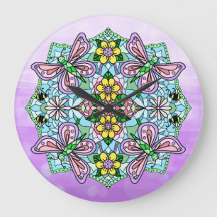 Grande Horloge Ronde Papillons et fleurs violets, roses Mandala