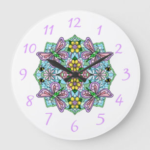 Grande Horloge Ronde Papillons et fleurs violets, roses Mandala