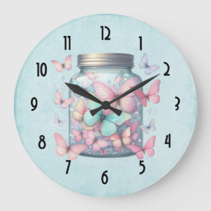 Grande Horloge Ronde Papillons Fantaisistes dans un Pot