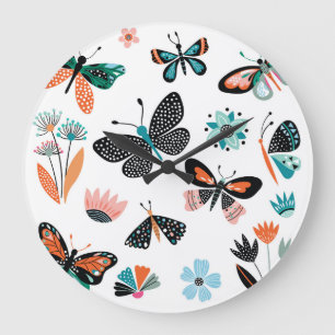 Grande Horloge Ronde Papillons Fleurs : Collection Dessinée à la main