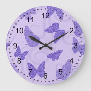 Grande Horloge Ronde Papillons lilas scintillants