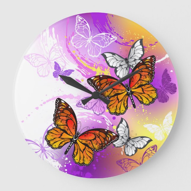 Grande Horloge Ronde Papillons Monarque sur Arrière - plan pourpre (Recto)