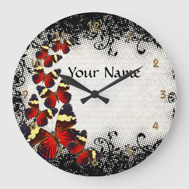 Grande Horloge Ronde Papillons rouges sur la dentelle noire (Recto)