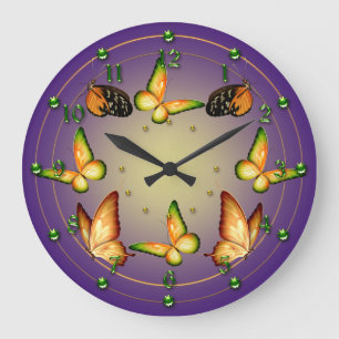 Grande Horloge Ronde Papillons sur le pourpre