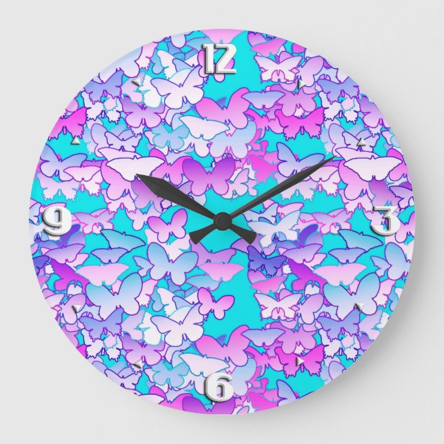 Grande Horloge Ronde Papillons, violet et turquoise (Recto)