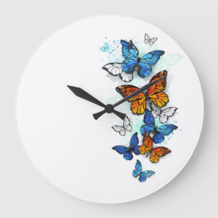 Grande Horloge Ronde Papillons volants Morpho et Monarch
