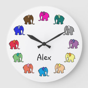Grande Horloge Ronde Parade personnalisée Arc-en-ciel coloré Eléphants 