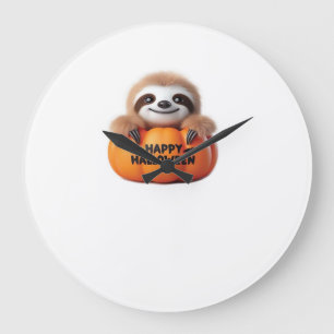 Grande Horloge Ronde Paresseux mignon assis dans une citrouille. Texte