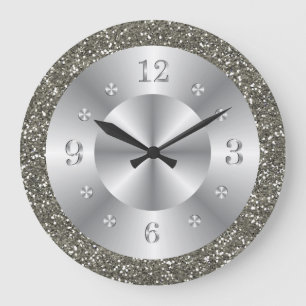 Grande Horloge Ronde Parties scintillant argentée stylé gris métallique