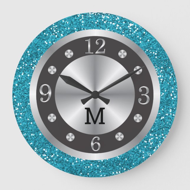 Grande Horloge Ronde Parties scintillant Bleu Turquoise Argent Et Monog (Recto)
