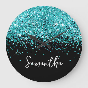 Grande Horloge Ronde Parties scintillant bleu turquoise Nom du script n