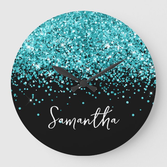 Grande Horloge Ronde Parties scintillant bleu turquoise Nom du script n (Recto)