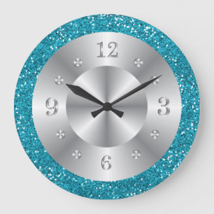 Grande Horloge Ronde Parties scintillant bleue turquoise et élégante 