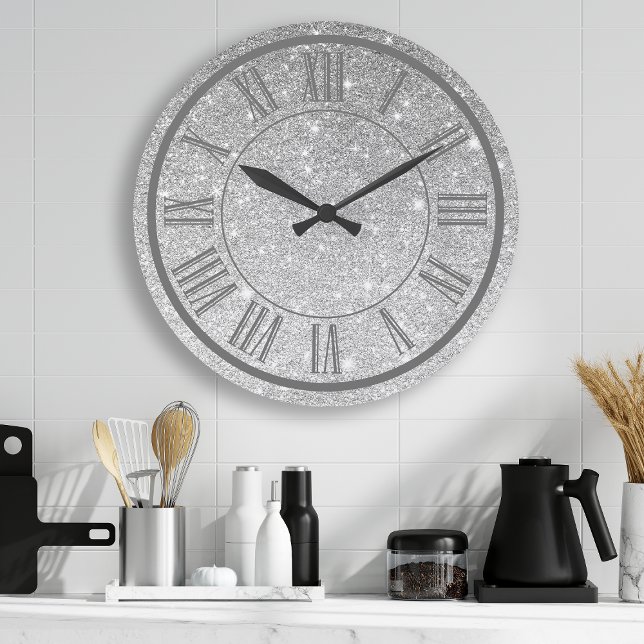 Grande Horloge Ronde Parties scintillant d'argent chiffres romains Étin (Créateur téléchargé)
