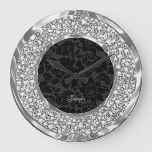 Grande Horloge Ronde Parties scintillant de diamants Faux Damas Noirs