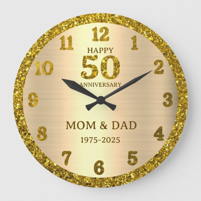 Grande Horloge Ronde Parties scintillant d'or 50e anniversaire Mariage  (Recto)