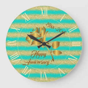 Grande Horloge Ronde Parties scintillant d'or de luxe Turquoise Floral 