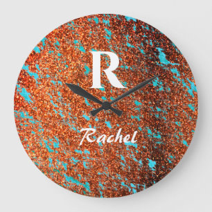 Grande Horloge Ronde Parties scintillant d'or Monogramme bleu Turquoise