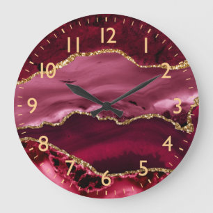 Grande Horloge Ronde Parties scintillant en marbre rouge et Faux or